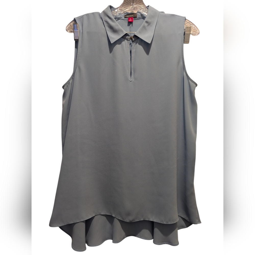 Vince Camuto Slate Blue Sleeveless Button Neck High-low Hem Blouse Sz Med *NWOT